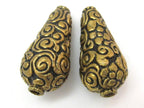 2 BEADS - Tibetan beads repousse cone shape brass beads antiqued gold tone with detailed floral repousse from Nepal - BD618