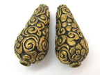 2 BEADS - Tibetan beads repousse cone shape brass beads antiqued gold tone with detailed floral repousse from Nepal - BD618