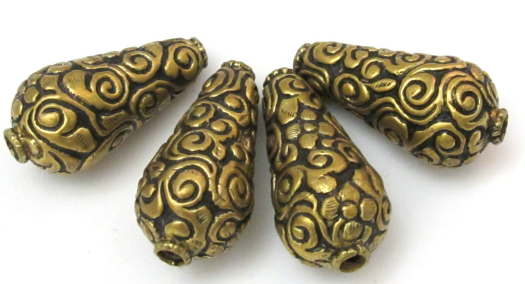 2 BEADS - Tibetan beads repousse cone shape brass beads antiqued gold tone with detailed floral repousse from Nepal - BD618