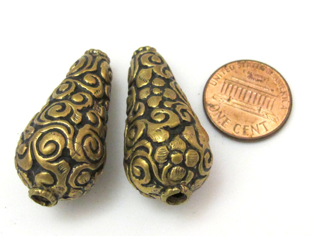 2 BEADS - Tibetan beads repousse cone shape brass beads antiqued gold tone with detailed floral repousse from Nepal - BD618