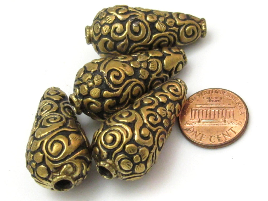 2 BEADS - Tibetan beads repousse cone shape brass beads antiqued gold tone with detailed floral repousse from Nepal - BD618