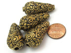 2 BEADS - Tibetan beads repousse cone shape brass beads antiqued gold tone with detailed floral repousse from Nepal - BD618