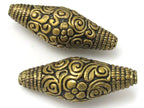 1 BEAD - Large Bicone shape tibetan brass repousse antiqued gold tone floral design beads - BD619
