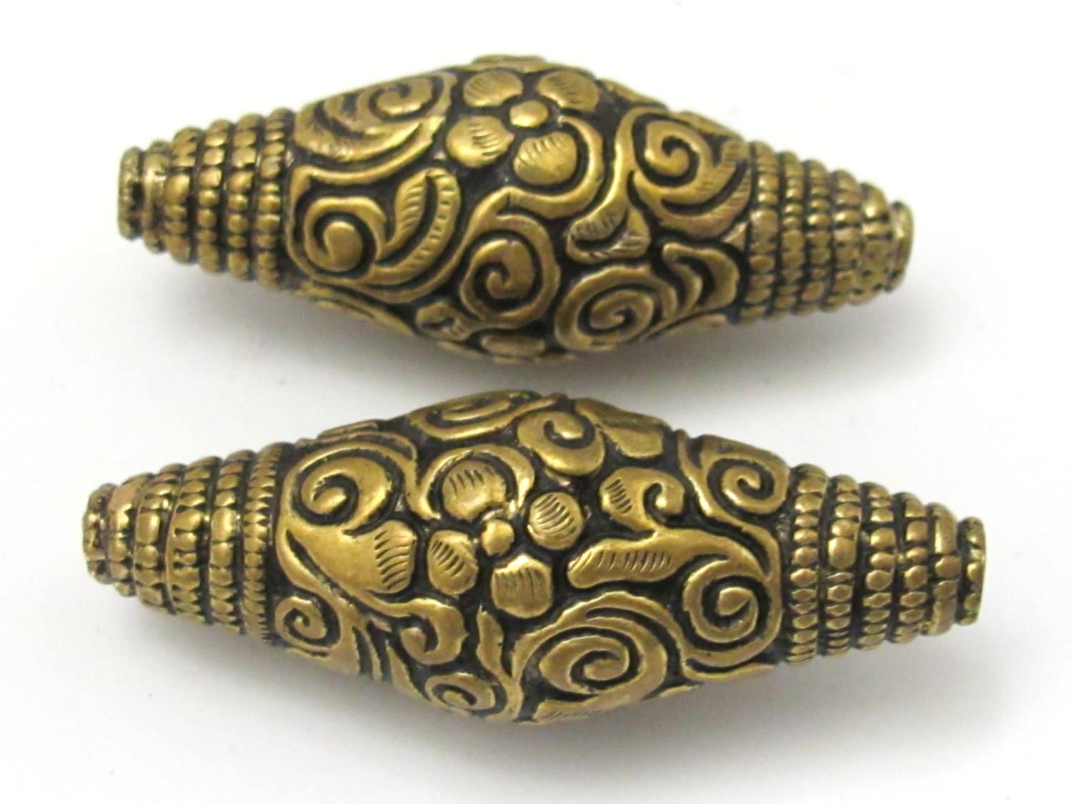 1 BEAD - Large Bicone shape tibetan brass repousse antiqued gold tone floral design beads - BD619