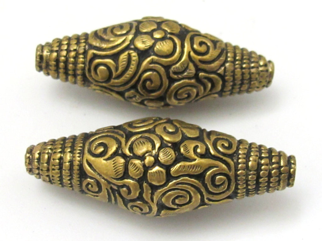 1 BEAD - Large Bicone shape tibetan brass repousse antiqued gold tone floral design beads - BD619