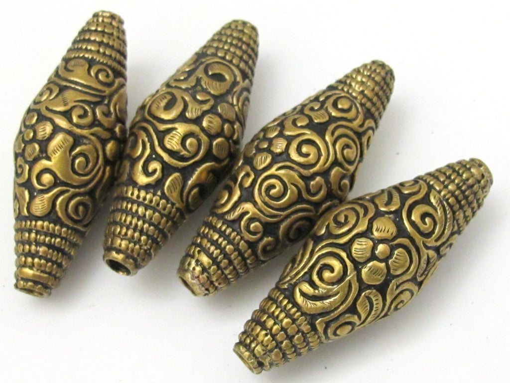 1 BEAD - Large Bicone shape tibetan brass repousse antiqued gold tone floral design beads - BD619
