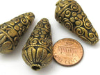 2 BEADS - Cone shape brass beads with floral repousse antiqued gold tone from Nepal - BD620