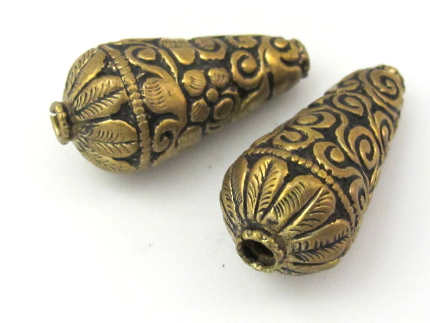 2 BEADS - Cone shape brass beads with floral repousse antiqued gold tone from Nepal - BD620