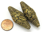 1 BEAD - Large Bicone shape tibetan brass repousse antiqued gold tone floral design beads - BD619