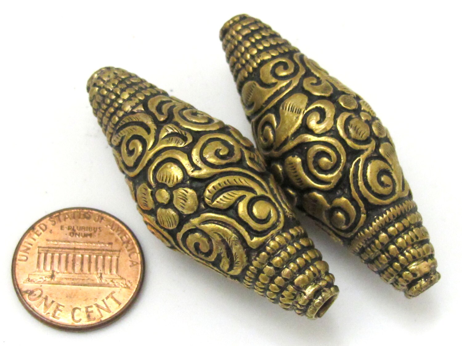 1 BEAD - Large Bicone shape tibetan brass repousse antiqued gold tone floral design beads - BD619