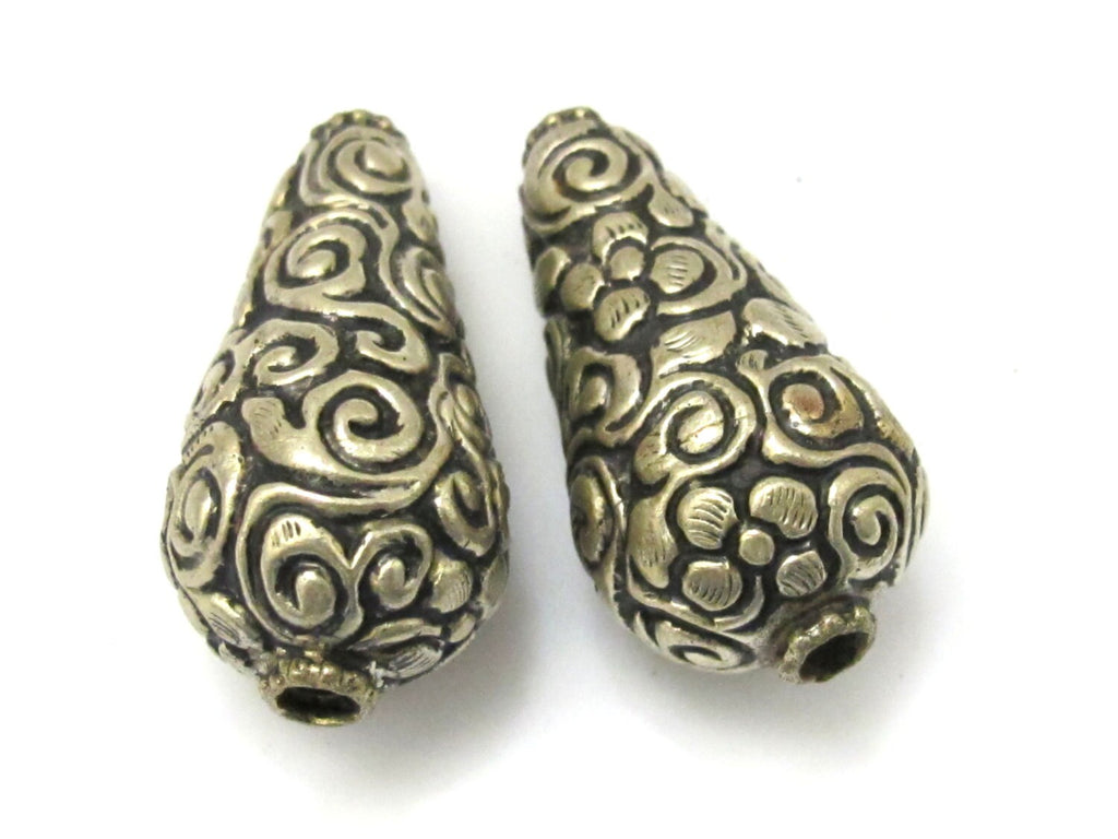 2 BEADS - Cone shape tibetan silver color floral repousse beads from Nepal - BD618A