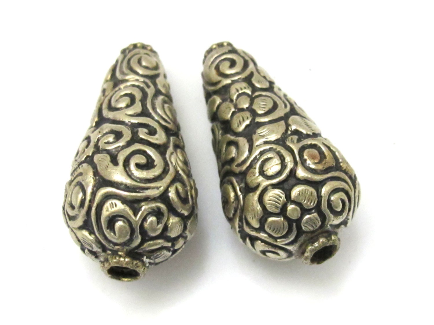 2 BEADS - Cone shape tibetan silver color floral repousse beads from Nepal - BD618A