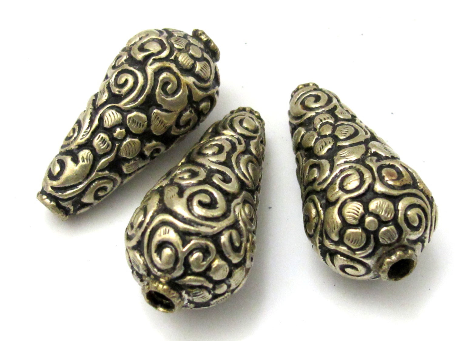 2 BEADS - Cone shape tibetan silver color floral repousse beads from Nepal - BD618A