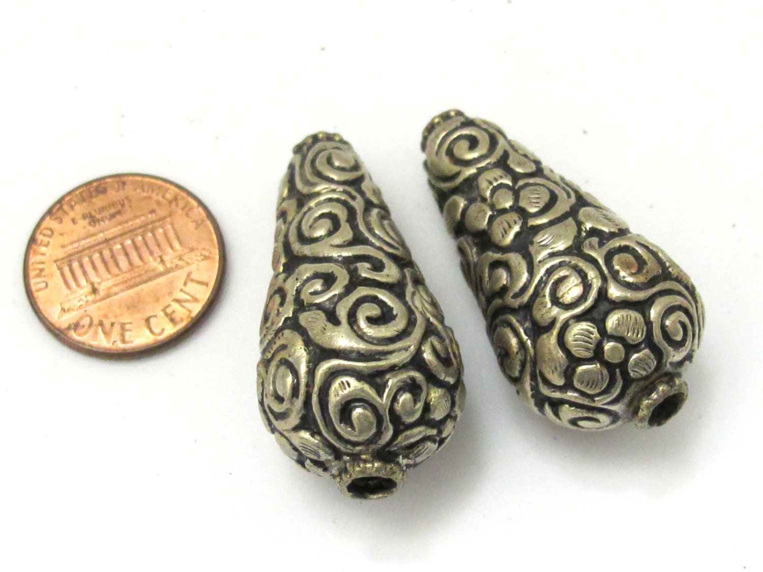 2 BEADS - Cone shape tibetan silver color floral repousse beads from Nepal - BD618A