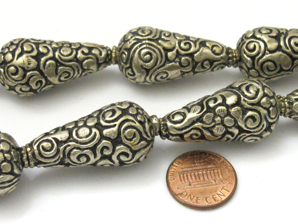 2 BEADS - Cone shape tibetan silver color floral repousse beads from Nepal - BD618A