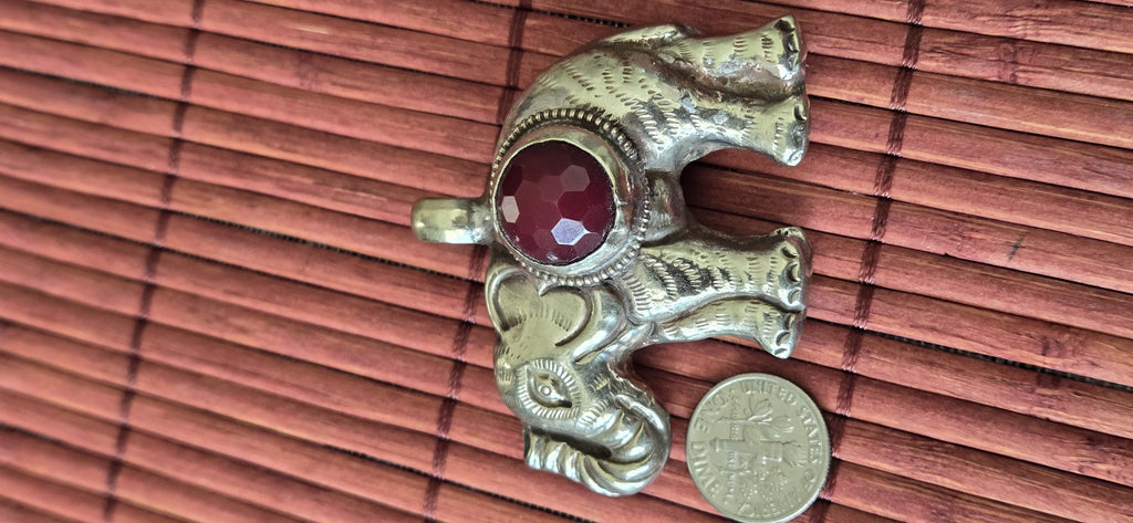 Tibetan Elephant Pendant with wine color faceted quartz gemstone inlay | Repousse Jewelry from Nepal | Bold Animal pendant PM438Q