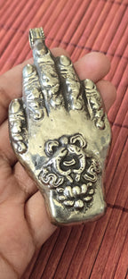 Large bold size Buddha hand pendant with Lotus flower double golden fish motif and reversible side with lapis inlay PM438T