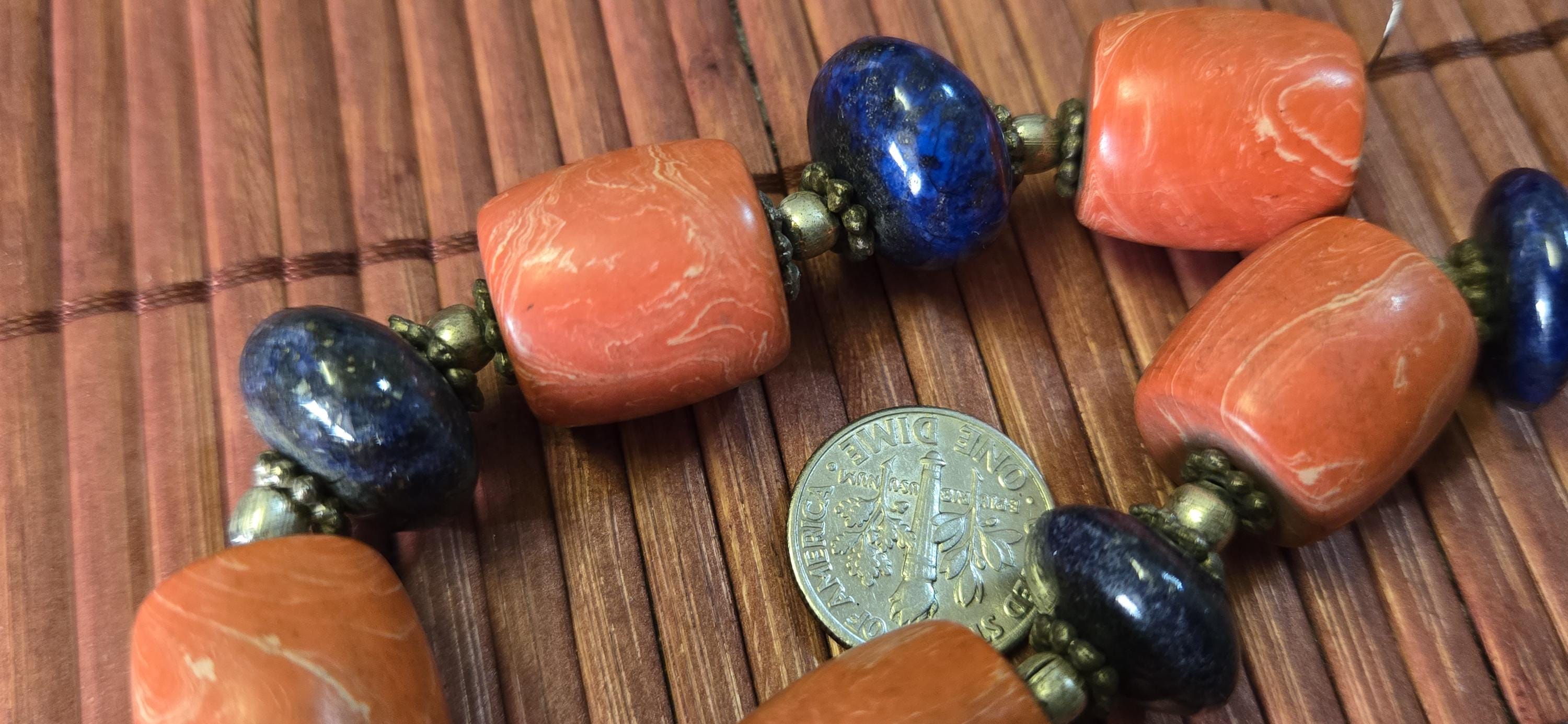 10 Vintage beads ethnic Nepal Tibetan coral and lapis beads - STR001G