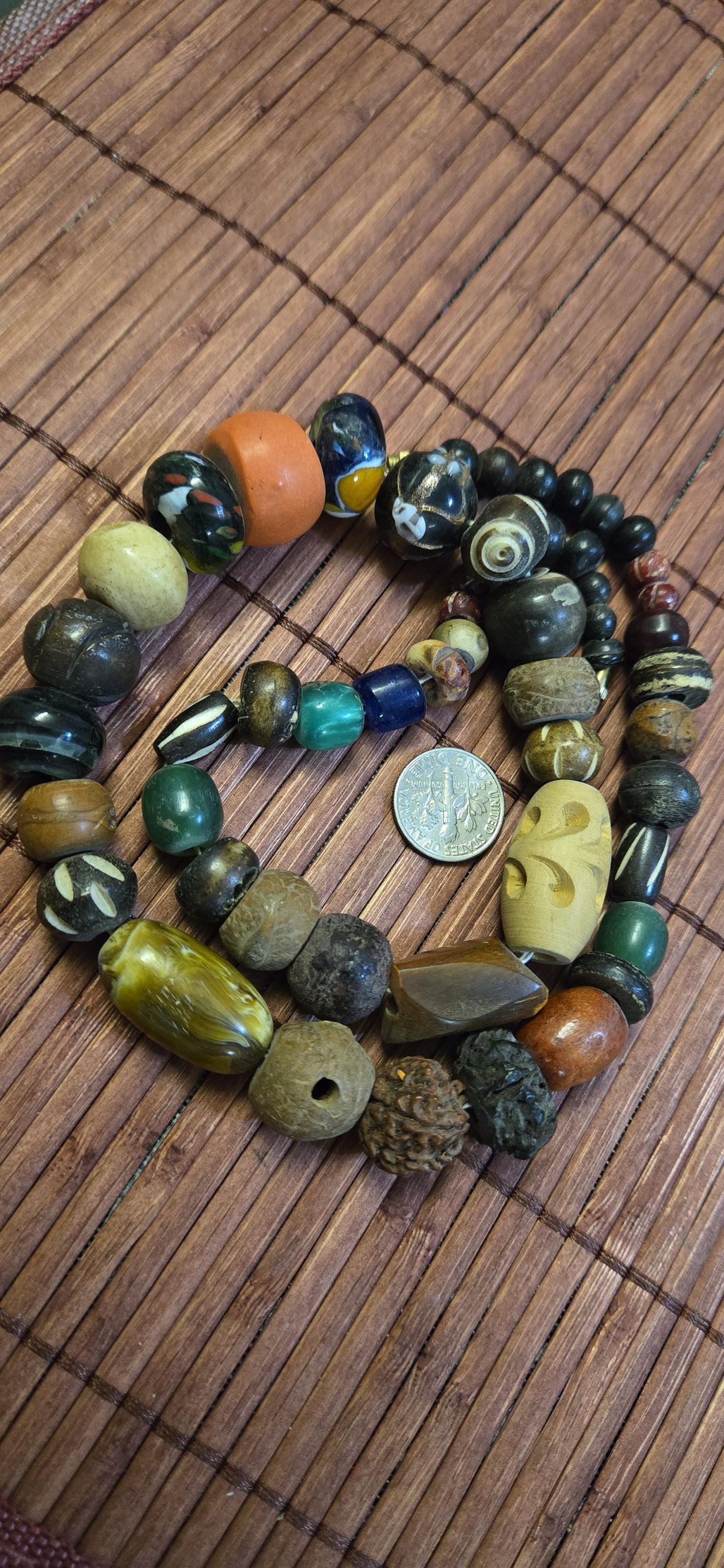 Mixed Vintage Tibetan Nepal Beads – Bone, Bodhi Seed, Glass, Wood – jewelry making Earthy beads - STR001H