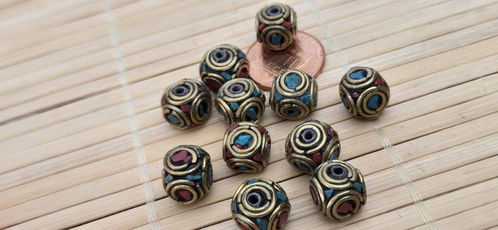 4 beads - Tibetan Oval shape nepal brass beads with turquoise coral inlay - BD797A