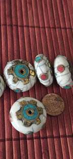 1 bead- White Crackle Resin Om Mani Bead Large 26 -27 mm Tibetan Prayer Bead with Brass & Turquoise Inlay for Buddhist Use – BD718A