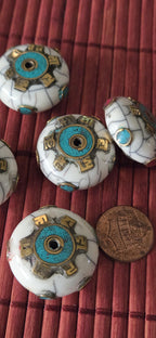 1 bead- White Crackle Resin Om Mani Bead Large 26 -27 mm Tibetan Prayer Bead with Brass & Turquoise Inlay for Buddhist Use – BD718A