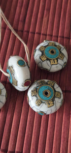 1 bead- White Crackle Resin Om Mani Bead Large 26 -27 mm Tibetan Prayer Bead with Brass & Turquoise Inlay for Buddhist Use – BD718A