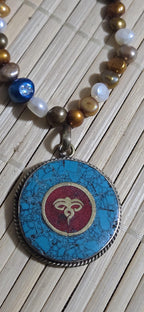 Tibetan Buddha eyes pendant with turquoise coral inlay - Nepal amulet PM280A