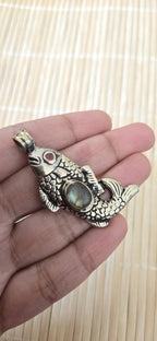 Tibetan silver color plated Fish Pendant with labradorite gemstone inlay | Lucky Fish Amulet | Gift for Fish Lovers & Fishing Fans | PM003A