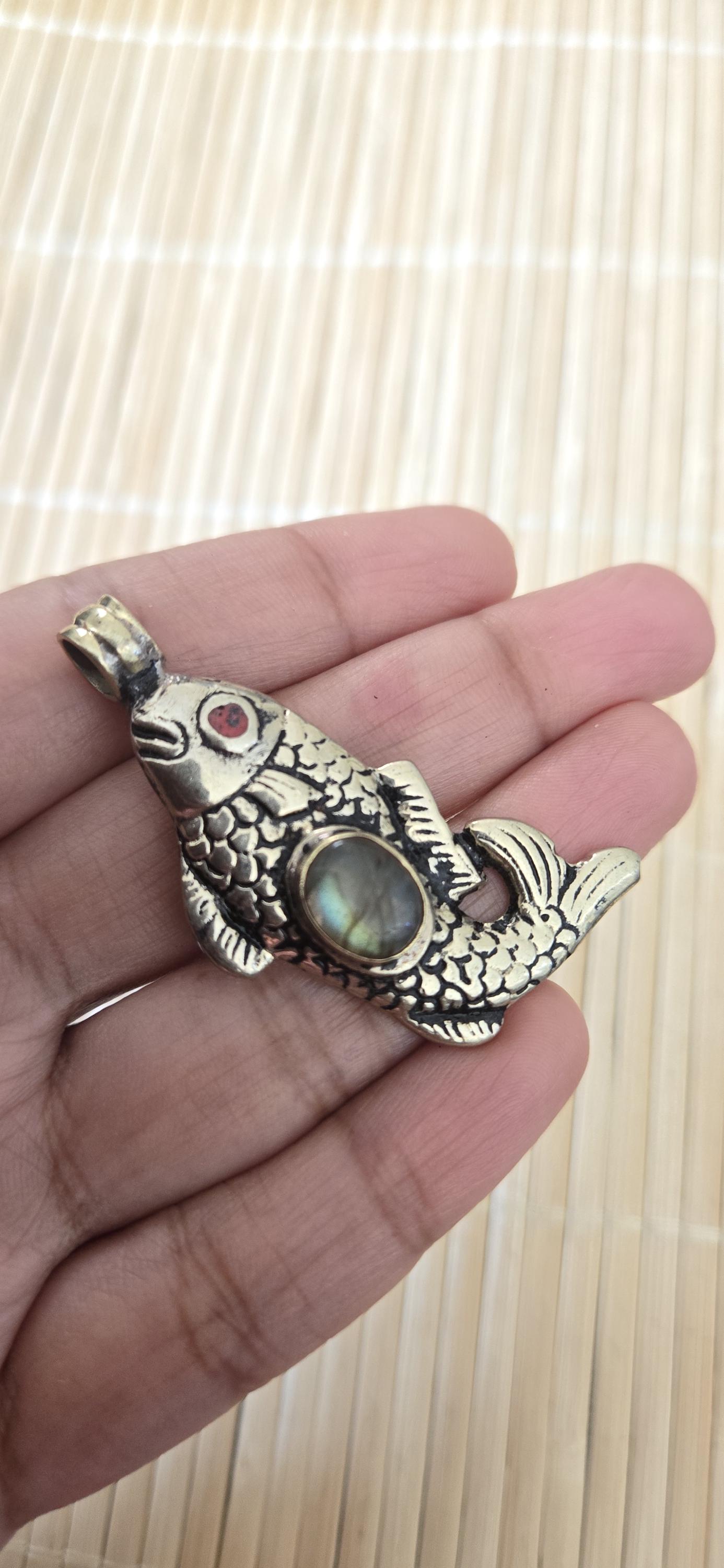 Tibetan silver color plated Fish Pendant with labradorite gemstone inlay | Lucky Fish Amulet | Gift for Fish Lovers & Fishing Fans | PM003A