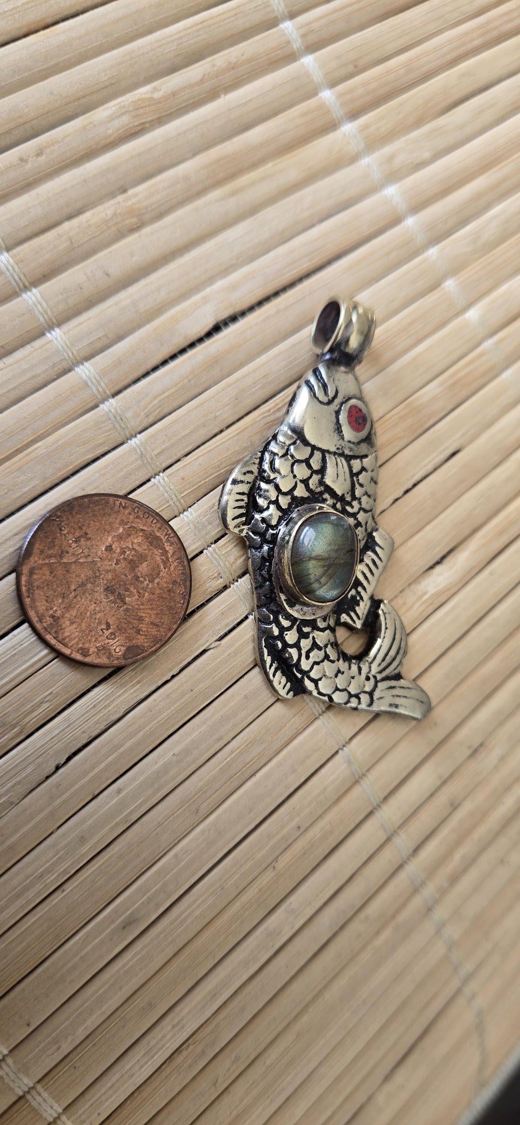 Tibetan silver color plated Fish Pendant with labradorite gemstone inlay | Lucky Fish Amulet | Gift for Fish Lovers & Fishing Fans | PM003A