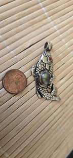 Tibetan silver color plated Fish Pendant with labradorite gemstone inlay | Lucky Fish Amulet | Gift for Fish Lovers & Fishing Fans | PM003A