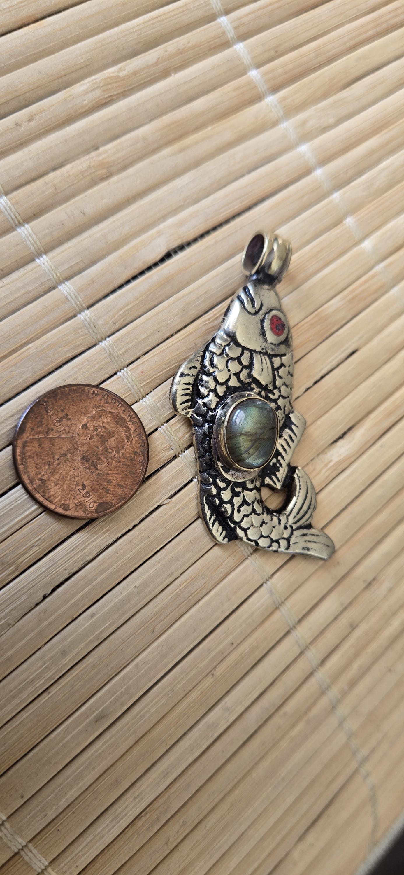Tibetan silver color plated Fish Pendant with labradorite gemstone inlay | Lucky Fish Amulet | Gift for Fish Lovers & Fishing Fans | PM003A