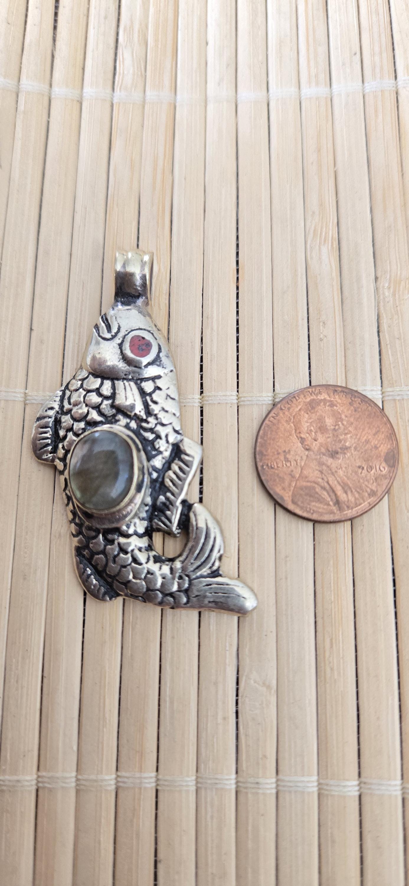 Tibetan silver color plated Fish Pendant with labradorite gemstone inlay | Lucky Fish Amulet | Gift for Fish Lovers & Fishing Fans | PM003A