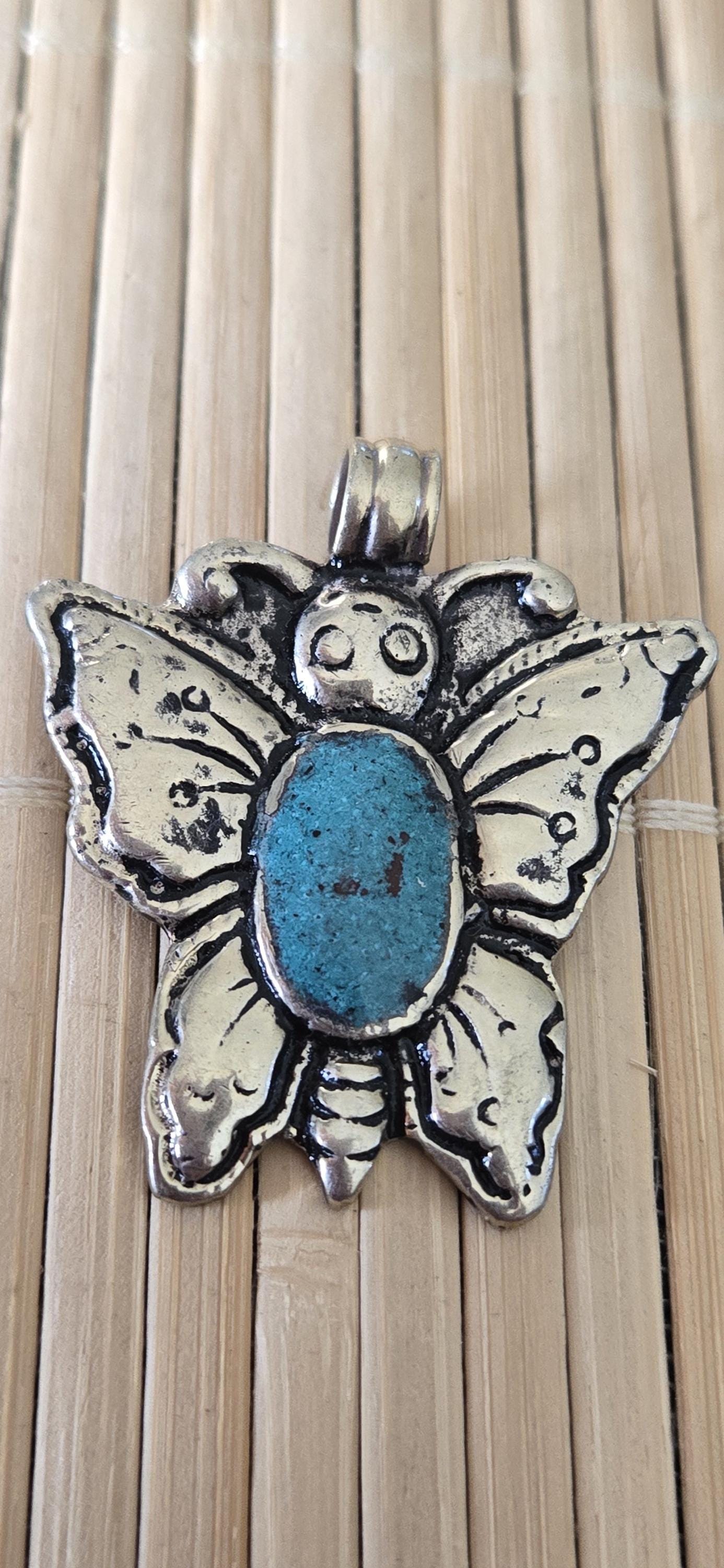 Tibetan silver Butterfly Pendant with Turquoise Inlay | in Nepal | Nature-Inspired Jewelry | Gift for Butterfly lovers PM003B