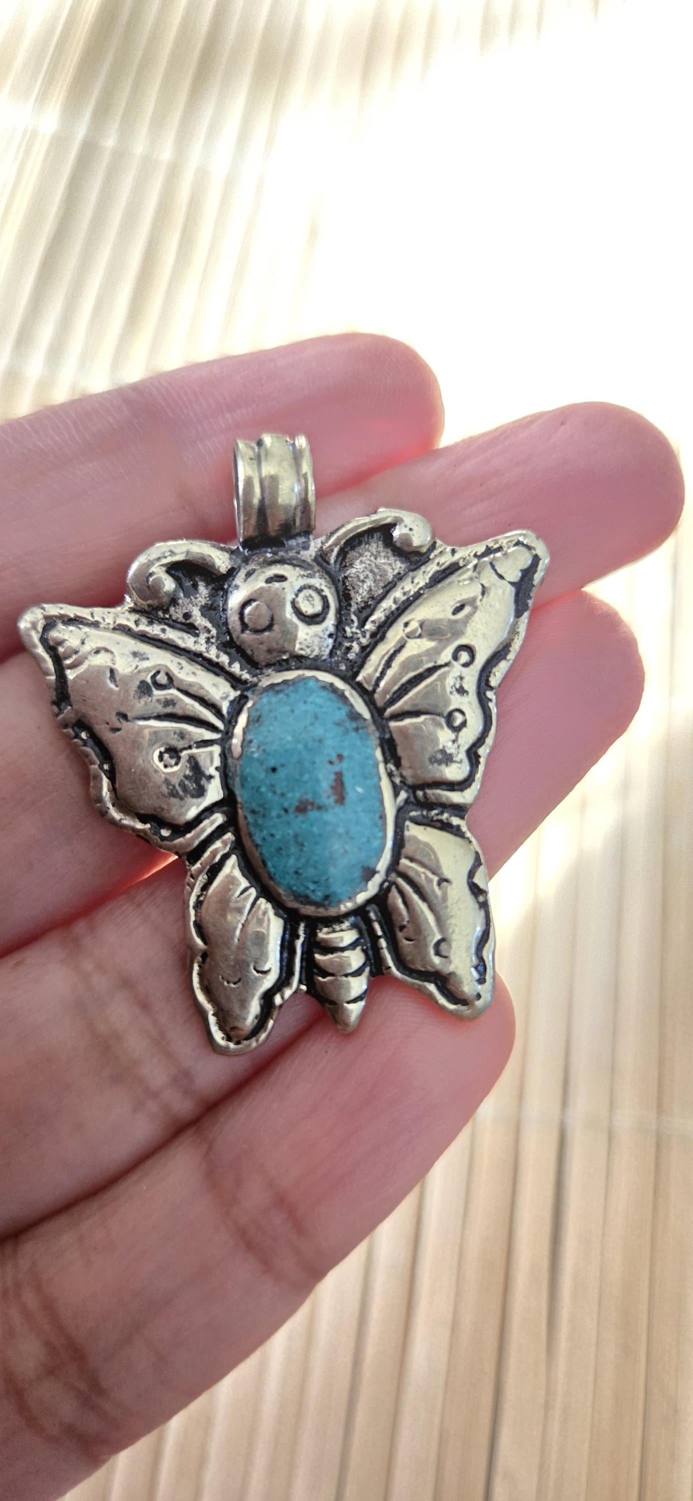Tibetan silver Butterfly Pendant with Turquoise Inlay | in Nepal | Nature-Inspired Jewelry | Gift for Butterfly lovers PM003B