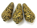 2 BEADS - Cone shape tibetan brass beads antiqued gold tone with detailed floral repousse from Nepal - BD622
