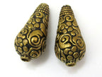 2 BEADS - Cone shape tibetan brass beads antiqued gold tone with detailed floral repousse from Nepal - BD622