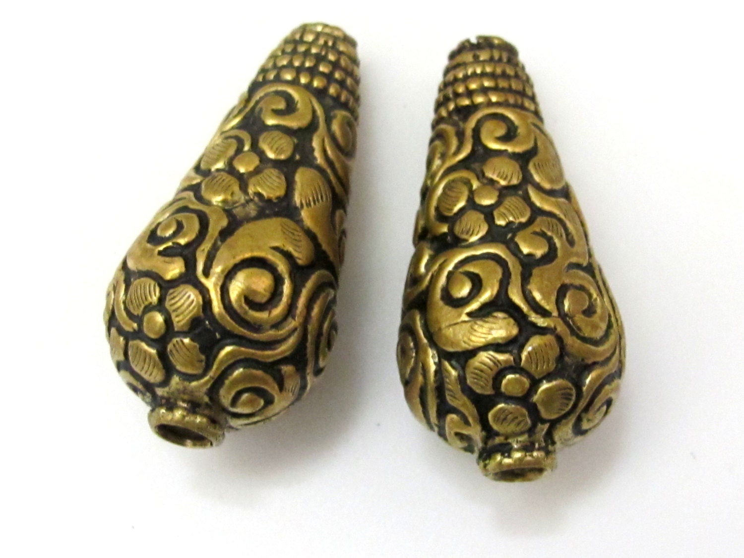 2 BEADS - Cone shape tibetan brass beads antiqued gold tone with detailed floral repousse from Nepal - BD622