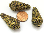 2 BEADS - Cone shape tibetan brass beads antiqued gold tone with detailed floral repousse from Nepal - BD622
