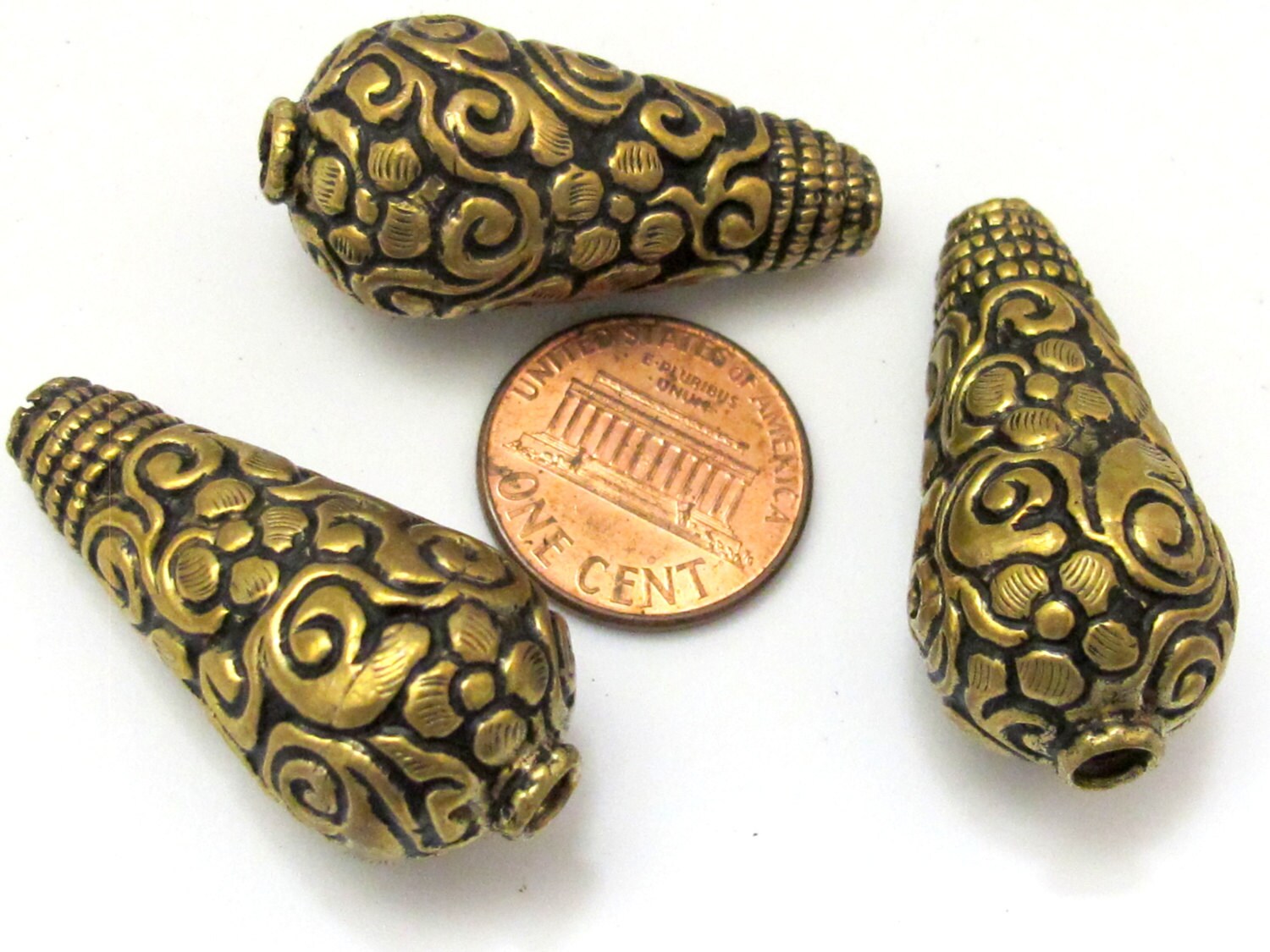 2 BEADS - Cone shape tibetan brass beads antiqued gold tone with detailed floral repousse from Nepal - BD622