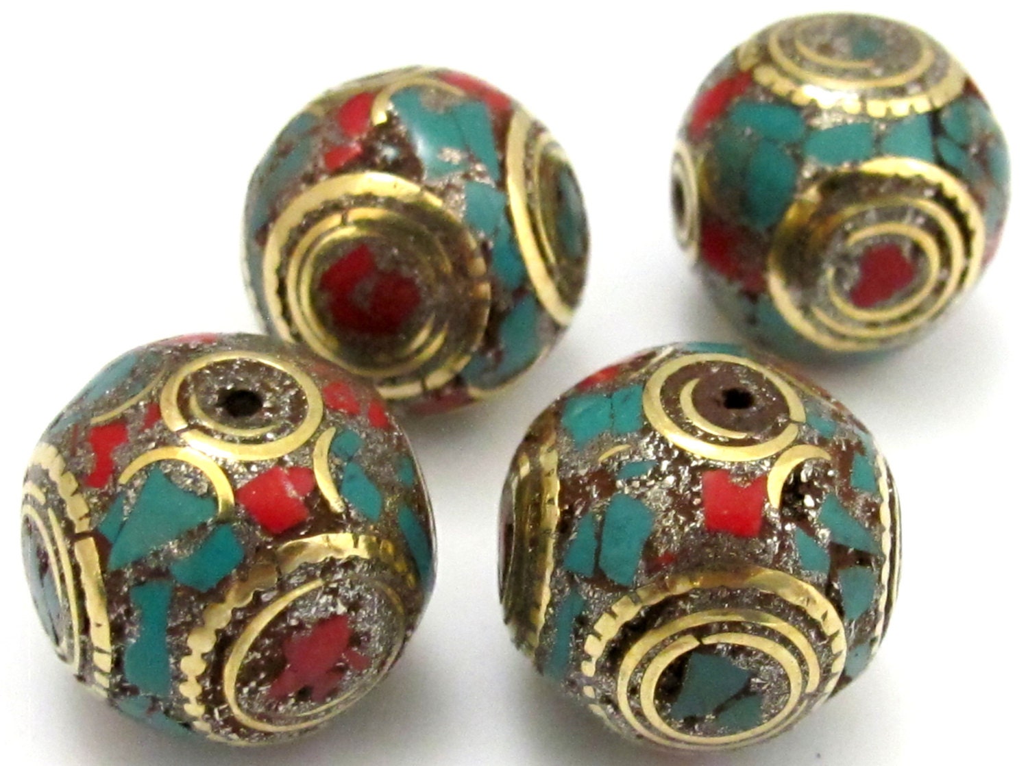 2 BEADS - Large 20 mm size beautiful cuboid shape nepal brass beads with turquoise coral inlay - BD623