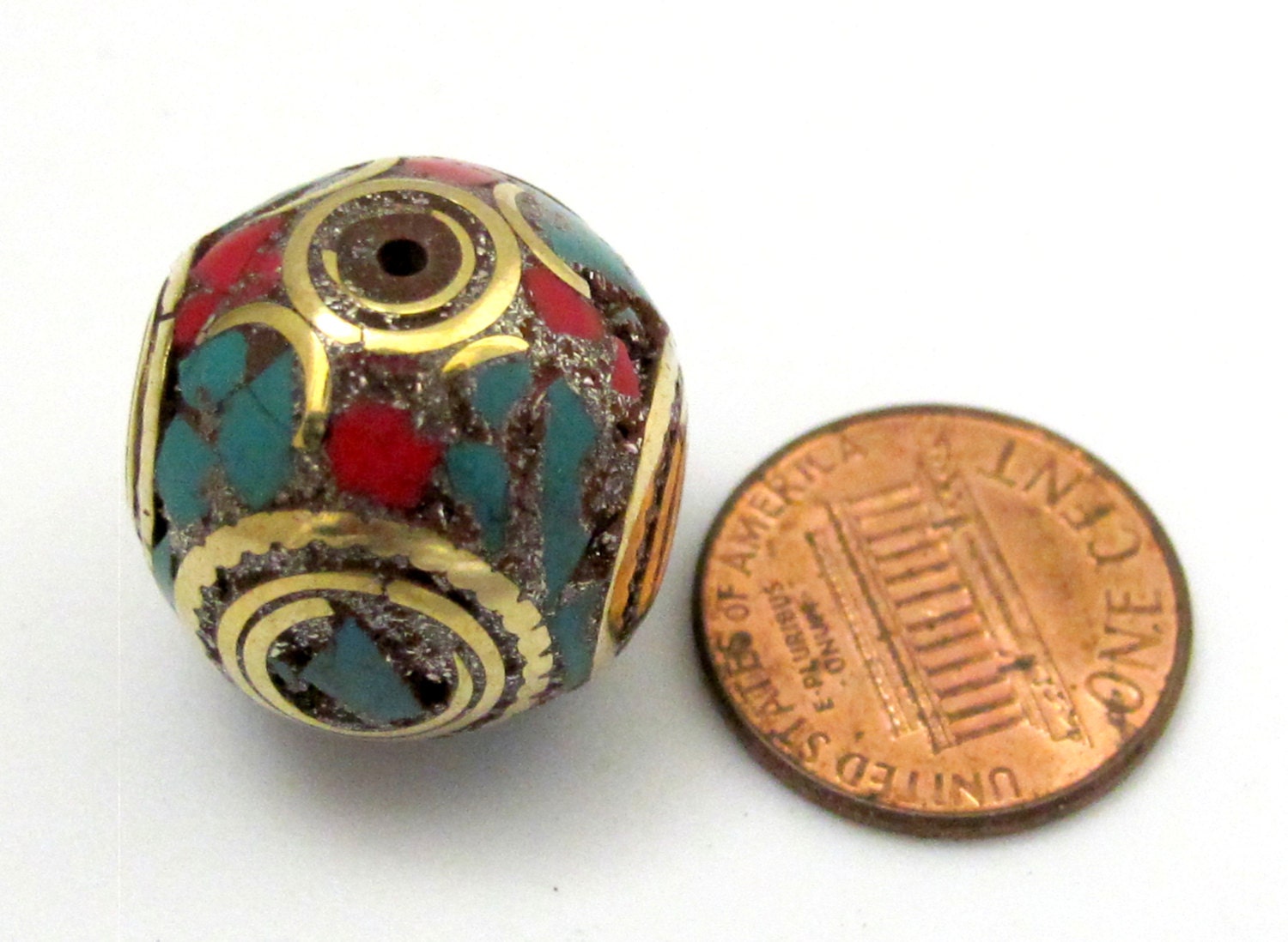 2 BEADS - Large 20 mm size beautiful cuboid shape nepal brass beads with turquoise coral inlay - BD623