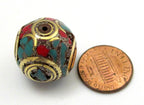 2 BEADS - Large 20 mm size beautiful cuboid shape nepal brass beads with turquoise coral inlay - BD623