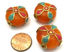 1 BEAD - Round disc honey copal resin beads from Nepal with turquoise coral inlay - BD625A