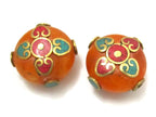 1 BEAD - Round disc honey copal resin beads from Nepal with heart design turquoise coral inlay - BD625B
