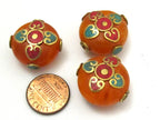 1 BEAD - Round disc honey copal resin beads from Nepal with heart design turquoise coral inlay - BD625B
