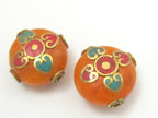 1 BEAD - Round disc honey copal resin beads from Nepal with heart design turquoise coral inlay - BD625B