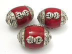 1 bead -Large Tibetan red crackle resin capped beads with tibetan dorje vajra symbol - BD627