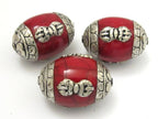 2 beads -Large Tibetan red crackle resin capped beads with tibetan dorje vajra symbol - BD627